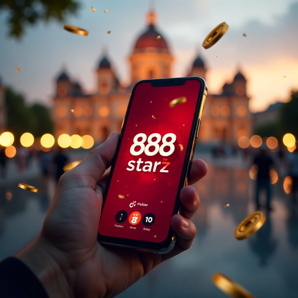 A premium smartphone held in a hand featuring the 888starz app, with the Palace of Culture and Science in Warsaw in the background, official red and white brand colors, 3D flying golden coins and roulette elements, cinematic lighting, 8k.